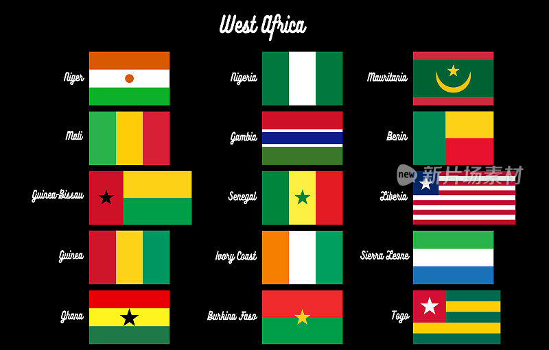 西非- 15个西非国家的国旗-孤立的(剪掉的)-英文名字，白色字母，草书字母(手写)-黑色背景